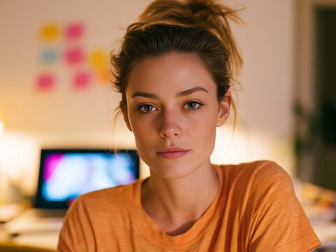 Woman with messy ponytail wearing orange shirt poses for a candid shot at home, with a blurred laptop and colorful sticky notes in the background