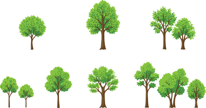 Flat Cartoon Green Tree Vector Icon Set with Varied Foliage Canopy Styles for Mobile Game Environment Assets and Simple Infographic Map Layout Elements
