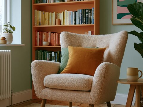 Cozy living room corner featuring a plush armchair with colorful cushions, a bookshelf filled with neatly arranged books, and a decorative plant nearby