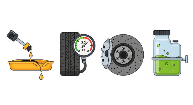 Car maintenance and auto service icons set, including oil change, tire pressure check, brake system inspection, and coolant fluid level check
