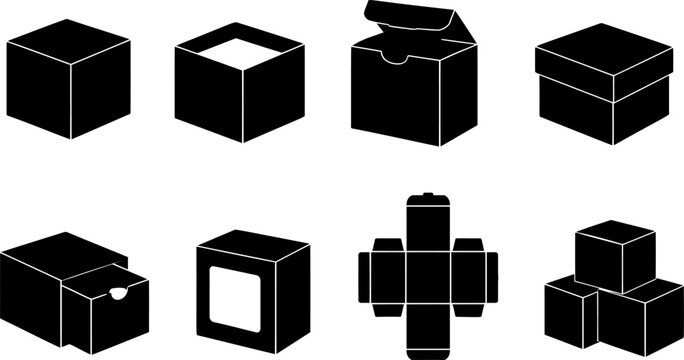 Collection of various black silhouette packaging box designs and unfolded template isolated on a white background representing shipping and product presentation concepts