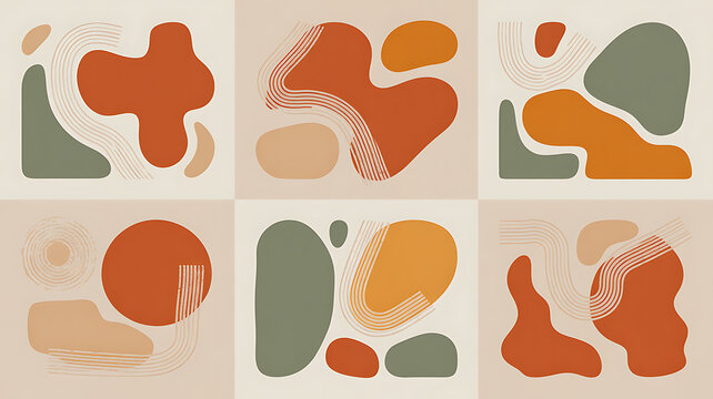 Abstract contemporary background set with organic forms in earthy colors. Creative design in terracotta, beige, sage green, sienna shades. Modern gouache texture collection with paint brush strokes
