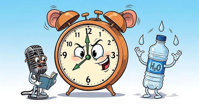 Cartoon alarm clock with angry face.