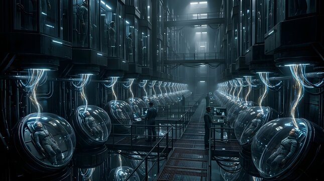 Futuristic science fiction corridor with cryogenic pods and sleeping humans in a sterile environment