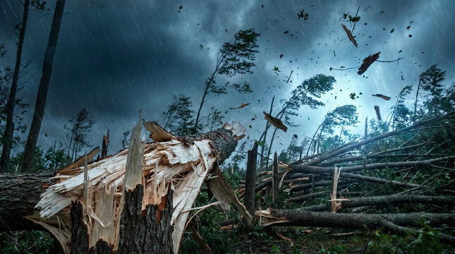 Fallen tree and stormy sky after derecho wind damage in forest  