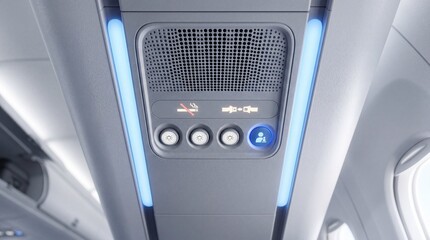 Fototapeta premium Close-up of aircraft passenger service panel with reading light, seatbelt and no smoking signs, attendant call button and blue cabin illumination.