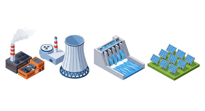 Set of isometric power plant icons including coal, nuclear, hydroelectric and solar energy stations