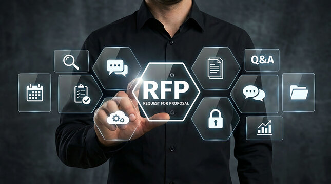Businessman touching RFP Request For Proposal digital interface with business icons