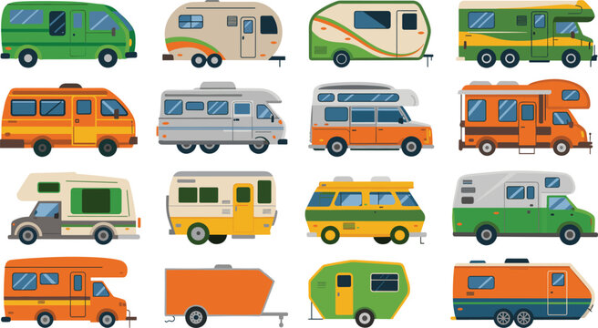 Recreational Vehicle Icon Set with Various Camper Vans, Motorhomes, and Travel Trailers for Camping, Road Trips, and Outdoor Adventure Designs