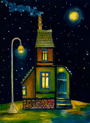 Obraz premium Original acrylic painting of a cozy house at night with glowing windows, street lamp and full moon in starry sky. Whimsical fairy tale illustration style artwork.