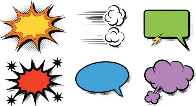 Comic Book Speech Bubble Vector Element Set with Halftone Shadows Blast Explosions and Speed Clouds for Pop Art Graphic Designs