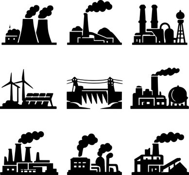 Set of industrial factory and power plant black silhouette icons with smoke stacks