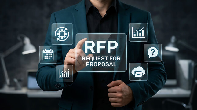 Businessman touching RFP Request For Proposal digital interface in modern office
