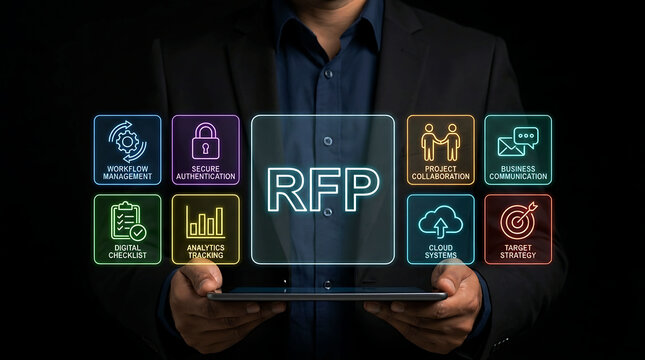 Businessman holding tablet with RFP Request for Proposal and digital business icons