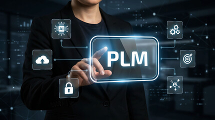 Fototapeta premium Product Lifecycle Management PLM concept with business person touching interface