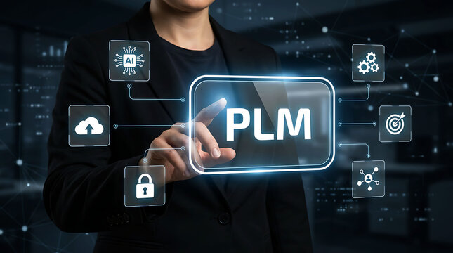 Product Lifecycle Management PLM concept with business person touching interface