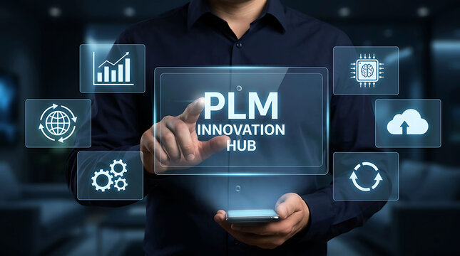 Businessman using digital interface for PLM Product Lifecycle Management Innovation