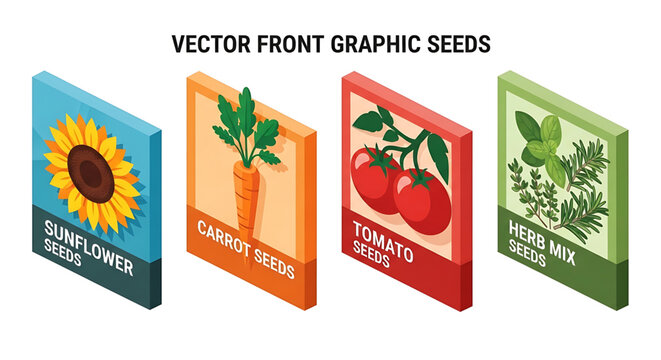 Isometric vector illustration of seed packets for sunflower, carrot, tomato, and herb mix