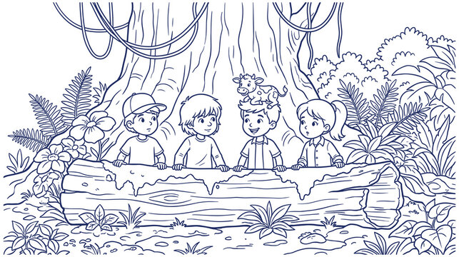Curious kids looking over fallen log in jungle coloring book scenery.