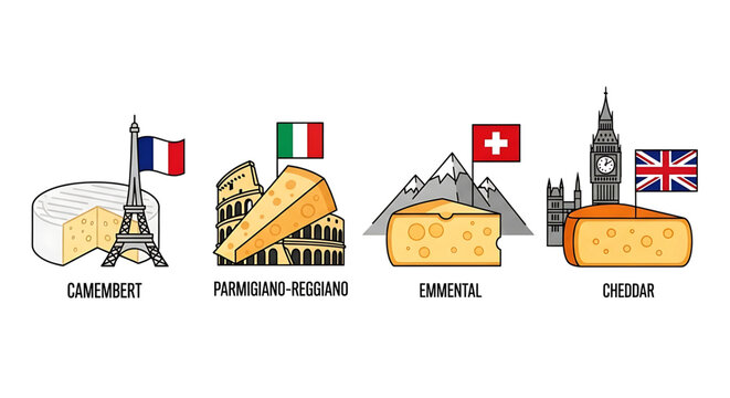Set of famous european cheeses with their national landmarks and flags