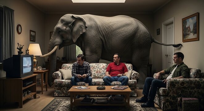 Elephant in living room with people.