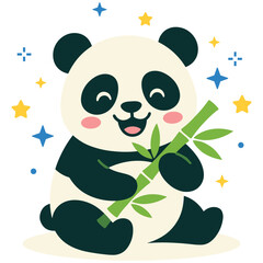 Obraz premium Cute cartoon panda holding bamboo stick with stars around it.
