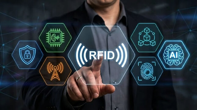 Businessman touching RFID wireless technology interface with AI and security icons