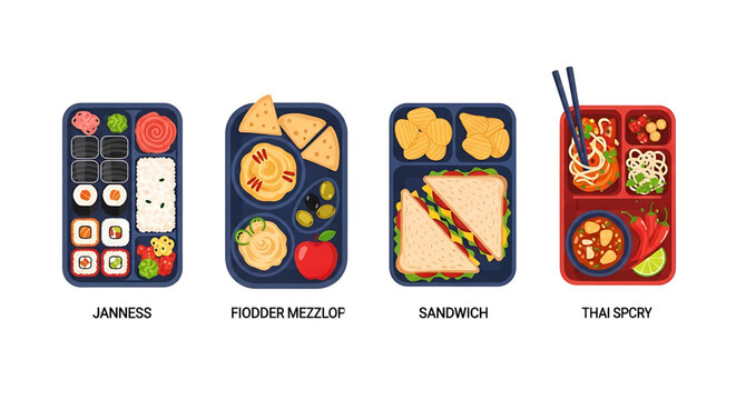 Set of four different lunch boxes with various food items including sushi, hummus, sandwiches and thai spicy noodles