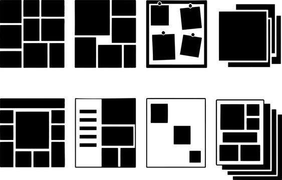 Collection of eight black and white collage templates and photo layouts for creative design isolated on transparent background