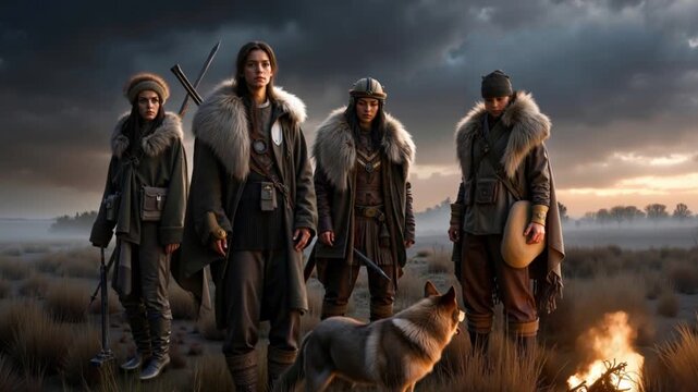 Warrior women in fur coats standing with wolf by campfire at twilight
