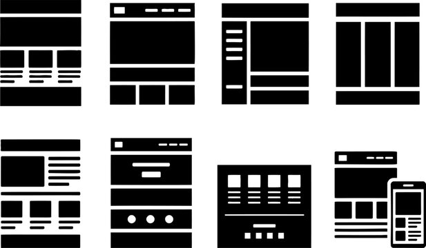 Collection of eight different black and white website wireframe and layout design icons representing various user interface structures for web development and digital design