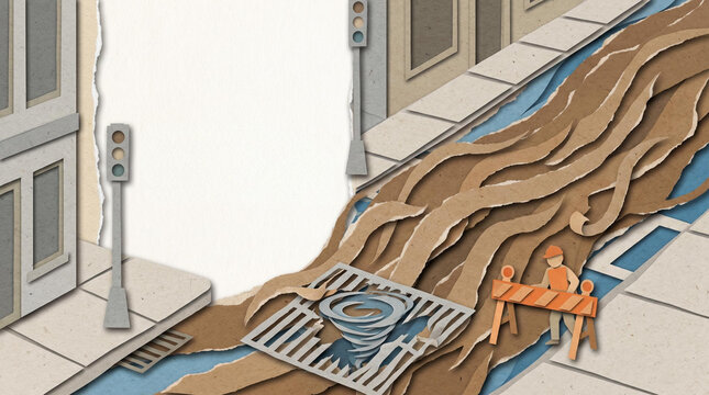 Illustration of flash flood covering city street with barriers and traffic lights  