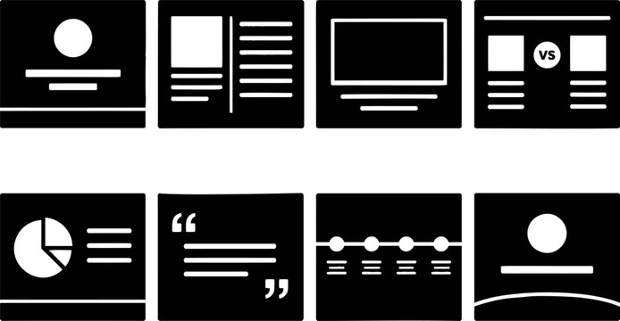 Collection of eight graphic icons representing different presentation slides with charts infographics and comparison layouts for business presentations
