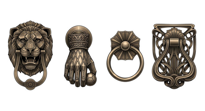 Set of vintage door knockers in bronze style, including lion head, hand holding a ball, circular ring, and ornate art nouveau design