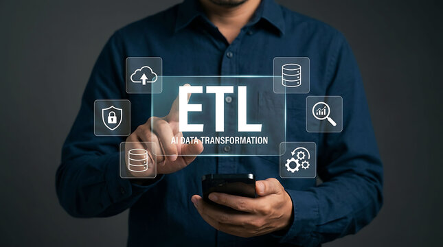 ETL AI Data Transformation Concept with Businessman Using Digital Interface