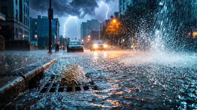 Heavy rain causing flash flood on city street at night  
