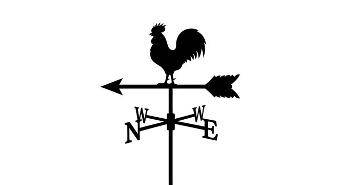 Black silhouette of a rooster weathervane with directional arrows on a white background indicating wind direction