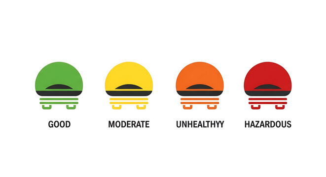 Air quality index icons set, color coded levels from good to hazardous, environmental pollution scale vector illustration