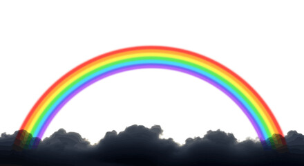 Fototapeta premium Vibrant rainbow arching over dark stormy clouds with white background symbolizing hope and beauty in nature