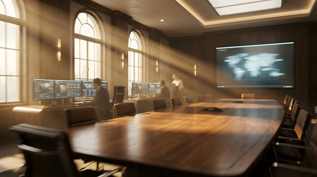 An imposing conference room with a world map screen and sunlight streaming through windows. There are people at computer monitors
