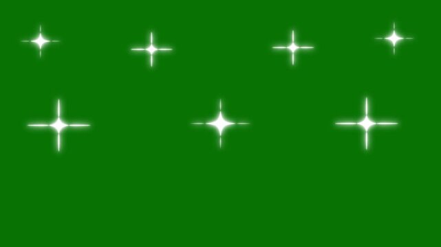 Twinkle star sparkle, shiny glowing stars, star blinking, white cartoon, flat, vector, doodles style stars, magical night sky festive sparkle glow effect, starlight on key green screen background.4K