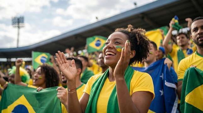 Happy Brazilian Fans Cheering and Celebrating During a Soccer Match