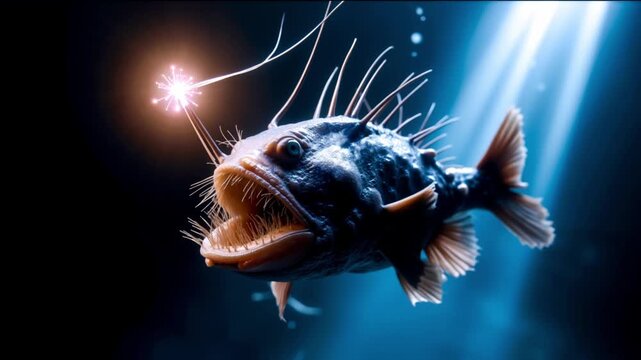Deep Sea Anglerfish with Glowing Lure and Sharp Teeth in Dark Underwater Abyss