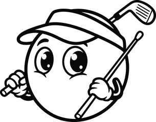 A cute cartoon golf ball character wearing a visor and holding a club for sports activities and coloring books. © Ariful420
