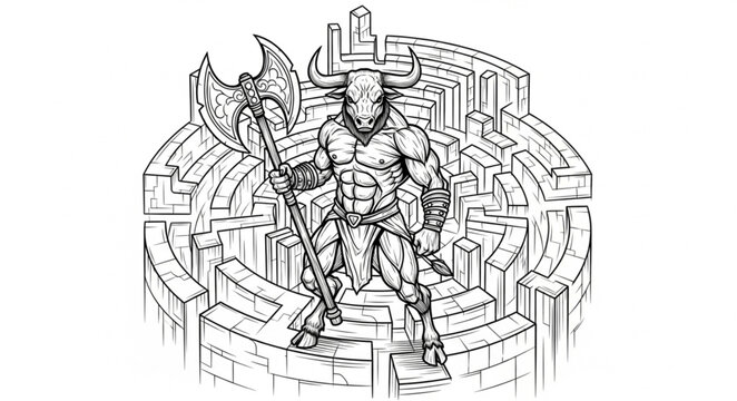 Fantasy Warrior Standing in a Labyrinth Holding an Axe.