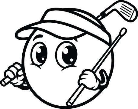 A cute cartoon golf ball character wearing a visor and holding a club for sports activities and coloring books.