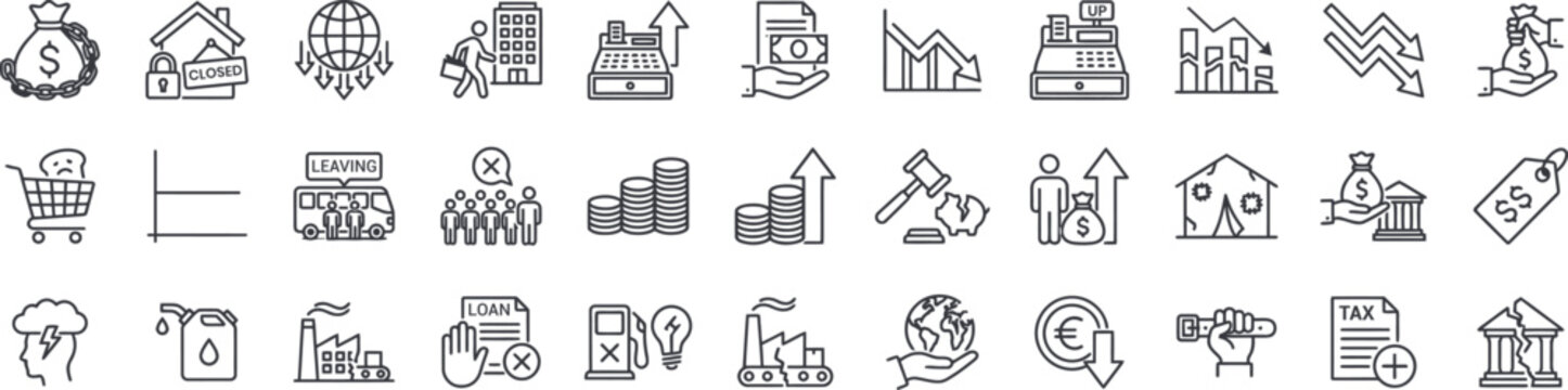 Economic Crisis and Global Recession Line Icon Set