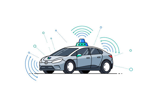 Autonomous automobile navigating urban environment with advanced sensor technology and communication signals projecting from rooftop unit for smart navigation and driverless operation in a