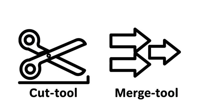 Scissors cut tool icon and merge arrows icon with video editing image editing document editing scissors combining combination connection operation