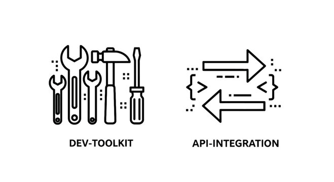 Developer toolkit and api integration icons with data flow software engineering screwdriver integration illustration programming software development